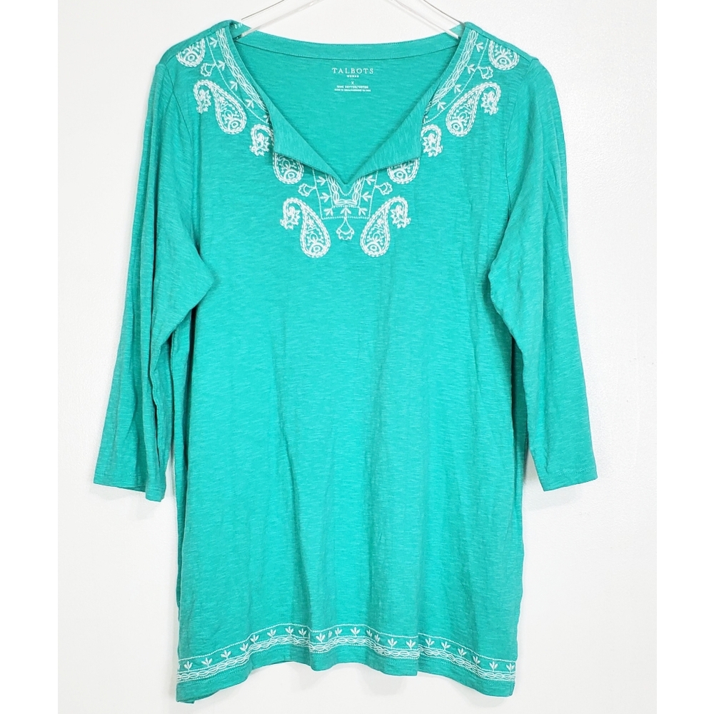 Talbots  xlarge embroidered tunic top 3/4 sleeve green v neck bohemian stretch